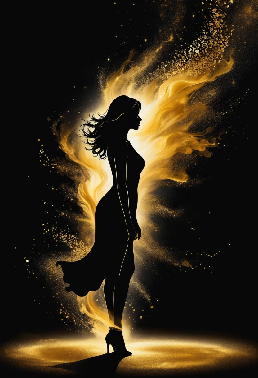 Silhouetted female figure embodying self-care, standing alone as a symbol of life's transformative changes, expression of personal growth and maturity, backlight silhouette, contrasting shadows, minimalist style, symbol of empowerment, high contrast, monochrome palette, solitary figure, expansive negative space , depicted against a backdrop conveying the starkness of her solitude, emotive, ultra fine, digital painting.
golden patterns, golden and black spirit, liquid gold explosion, golden smoke magic, star dust, golden milky way, black background, magic fog, alcohol ink,