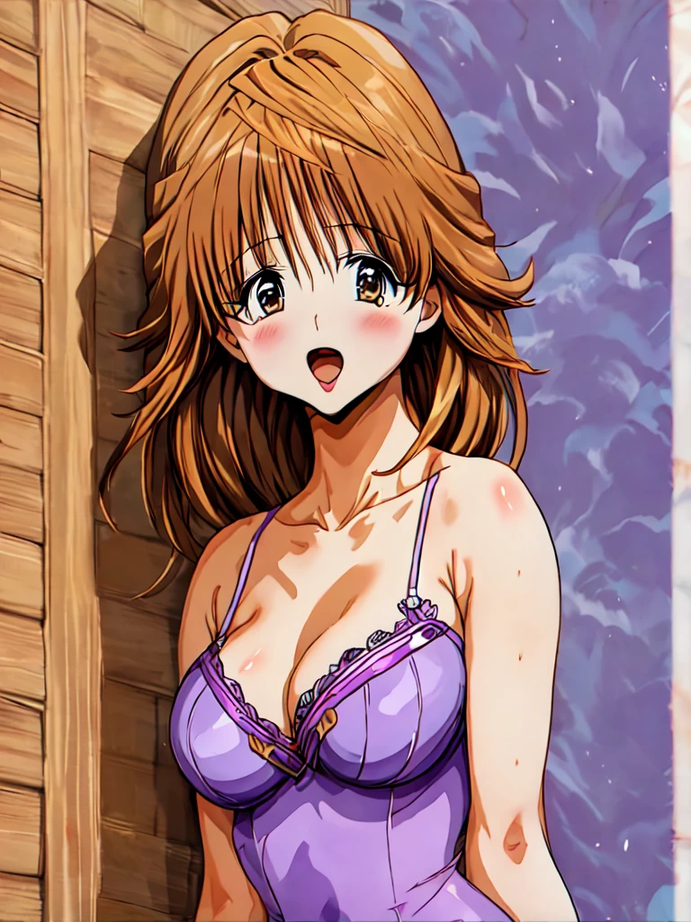 1girl, solo, breasts, blush, short hair, open mouth, bangs, cleavage, medium breasts, purple eyes, collarbone, upper body, purple hair, :o, crossed arms, spiked hair, genderswap, covering, genderswap (mtf), covering breasts, tiles, retro artstyle, 1990s (style), tile wall