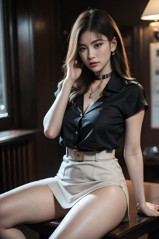 (Masterpiece, best quality, alone, รายละเอียดที่complicated, Chromatic aberration), realistic, ((Moderate breath)), hair in one eye,purple eyes, earring, sharp eyes, choker,diamond pendant, (symmetrical eyes),(Perfect symmetrical body),Photo of a beautiful 24 year old girl,(fit the body), Beautiful and charming with contemporary fashion paintings as well....., looking at the audience, ((in the classroom background)), (1 Girl),(black short skirt), (white short sleeve, Form fitting shirt., Unbuttoning the buttons, Revealing a little breast..), ((A short black pencil skirt with a deep slit on the side...)), sugar belt, ((Put your hands down.)),Blue blonde hair, Bob, long hair, Side flatness,round chin, Art lens 85mm, Sharp focus, High resolution 8K, Crazy details, complicated, elegant,sitting on the study table Lift one leg to eye level.., The legs are slightly apart..,dynamic gesture, Sitting on a reading table in a luxury hotel room Turn your head with your legs open at eye level. Open your legs and lift your right leg over your left leg, releasing it naturally to eye level., แยกขาออกเล็กน้อย dynamic gesture,polish,Engineer boots