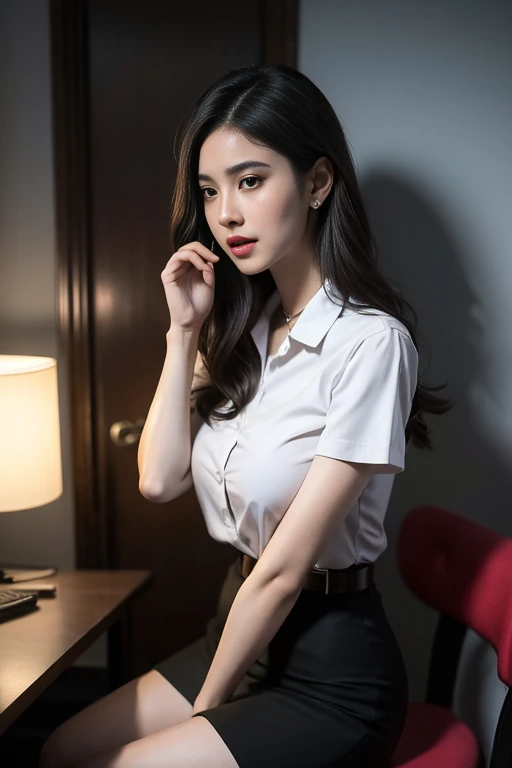 (Masterpiece, best quality, alone, รายละเอียดที่complicated, Chromatic aberration), realistic, ((Moderate breath)), hair in one eye,purple eyes, earring, sharp eyes, choker,diamond pendant, (symmetrical eyes),(Perfect symmetrical body),Photo of a beautiful 24 year old girl,(fit the body), Beautiful and charming with contemporary fashion paintings as well....., looking at the audience, ((in the classroom background)), (1 ),(black short skirt), (white short sleeve, Form fitting shirt., Unbuttoning the buttons, Revealing a little breast..), ((A short black pencil skirt with a deep slit on the side...)), sugar belt, ((Put your hands down.)),Blue blonde hair, Bob, long hair, Side flatness,round chin, Art lens 85mm, Sharp focus, High resolution 8K, Crazy details, complicated, elegant,sitting on the study table Lift one leg to eye level.., The legs are slightly apart..,dynamic gesture, Sitting on a reading table in a luxury hotel room Turn your head with your legs open at eye level. Open your legs and lift your right leg over your left leg, releasing it naturally to eye level., แยกขาออกเล็กน้อย dynamic gesture,polish,Engineer boots
