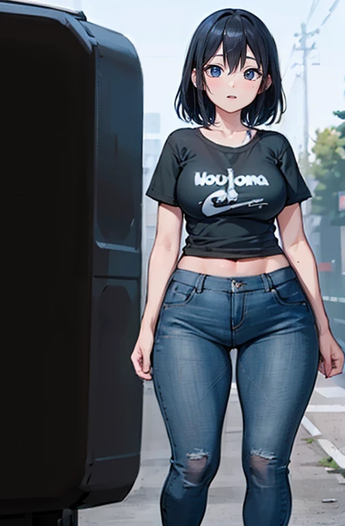 (Hinata Hyuuga, muito sensual, com roupas apertadas, bunda grande, pernas grossas, Vestindo jeans extremamente apertado, usando uma mini blusa, umbigo com pirsing, cabelo grande, Speaker behind, muito realista, extremamente sexy, 8k, 8k extremamente detalhado), (um extremamente delicado e bonito), (obra-prima), (melhor qualidade: 1.0), (Ultra-alta:1.0)