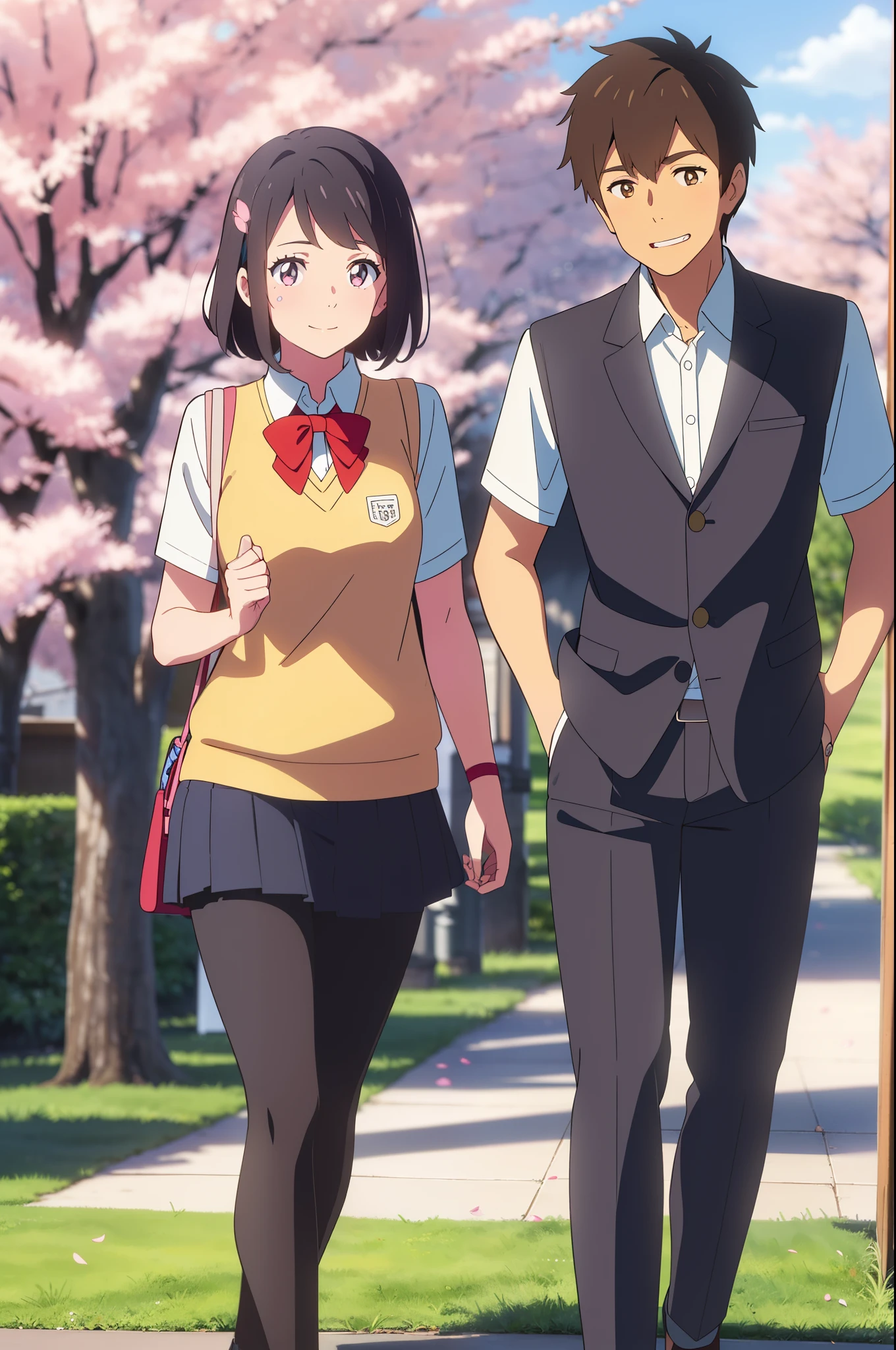 shinkai makoto, kimi no na wa., 1girl, 1boy, bangs, black hair, school clothes, (boy wear black pants), ((girl wear blue skirt, red ribbon, red headband)), collared shirt, white shirt, short sleeves, sweater vest, vest, white shirt, yellow sweater vest, yellow vest, red bow, blush, bright eyes, brown eyes, short hair, smile, cute, beautiful, open mouth, love, adorable, couple, dating, looking at the viewer, cherry_blossoms, falling_petals, petals, branch, pink_flower, sky, sunlight, spring_season, wind, tree