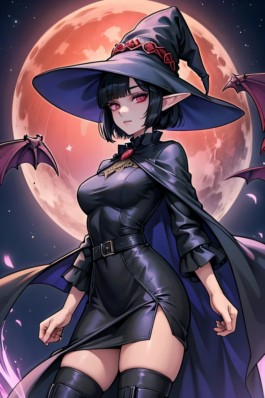 Anime girl, short black hair, Bangs are heavy, elf ears, red eyes, vampire, sorcerer, magician, witch, big witch hat, elegant robe,((best quality)), ((highly detailed)), masterpiece, absurdres, (detailed eyes, deep eyes), (1girl), dark academia dress, boots, Outside at night when the moon shines, dress, frills,