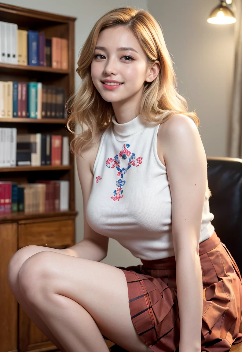 (((neat woman,Bright-eyed excitement,kind big smile,blush,blush,red cheek,please touch me,tempting viewer,i want you))),(all fours,all fours,hip higher,her fingers touch the chest),((((blush,red cheek)))),(cinematic lighting), (Photo real:1.4)、(A hyper-realistic:1.4)、(Photorealistic:1.3)、 (gentle lighting: 1.05)、(Improve the lighting quality of your video:0.9)、 32k、25years old woman、photorealistic lighting、Back lighting、Facial Lights、Ray Trace、(bright:1.2)、(Increase quality:1.4)、 (best quality real texture skin)、Fair eyes,delicate face、 Close-up of the face, ((Wearing the printed high-neck sleeveless t-shirt,(no printed pleated skirt),high-heel),(Bodyline mood improvement:1.1)、Glossy skin、Korean Idol、Nogizaka Idol、good figure,perfect anatomy,Beautiful actress,(((beautiful large breasts,slender waist,slender hip,long slender legs,8heads tall))),(((8heads tall))),(((blonde wavy hair,curtain bangs))),(((in the beautiful modern office of library,super clean night view,in the night))),