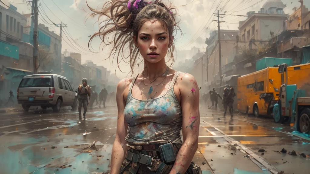 samdoesarts; award winning half body portrait of a beautiful woman in a croptop and cargo pants, military boots, standing on the street faint smile,  paint splashes, hair in a bun, splatter, outrun, vaporware,  digital art, trending on artstation, highly detailed, fine detail, intricate by Jeremy Mann, matth�us merian the elder, Pino Daeni, robert rauschenber, by beksinski