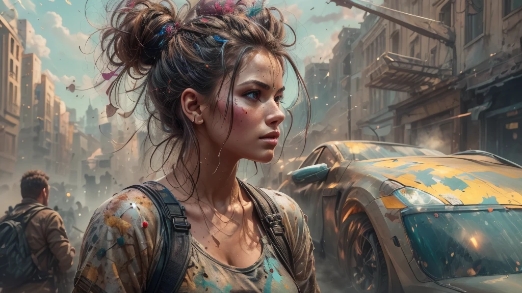 samdoesarts; award winning half body portrait of a beautiful woman in a croptop and cargo pants, military boots, standing on the street faint smile,  paint splashes, hair in a bun, splatter, outrun, vaporware,  digital art, trending on artstation, highly detailed, fine detail, intricate by Jeremy Mann, matth�us merian the elder, Pino Daeni, robert rauschenber, by beksinski