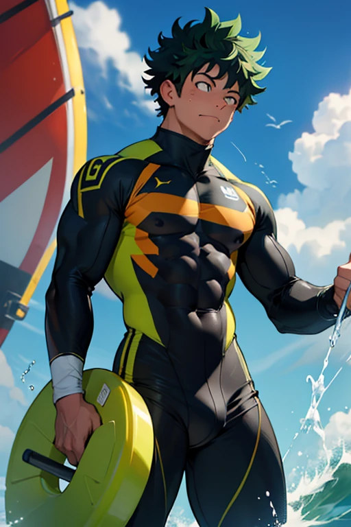 Izuku Midoriya looked impressive in his tight wetsuit that highlighted his muscles, la cual recordaba a la de All Might. Sus brazos y piernas estaban tonificados y definidos, showing his incredible strength and endurance. Con una postura segura y decidida, He seemed ready to face any challenge that came his way.. His face reflected determination and confidence., demostrando que estaba preparado para darlo todo en la batalla. Sin duda, It was a perfect combination between Izuku&#39;s determination and All Might&#39;s imposing figure..