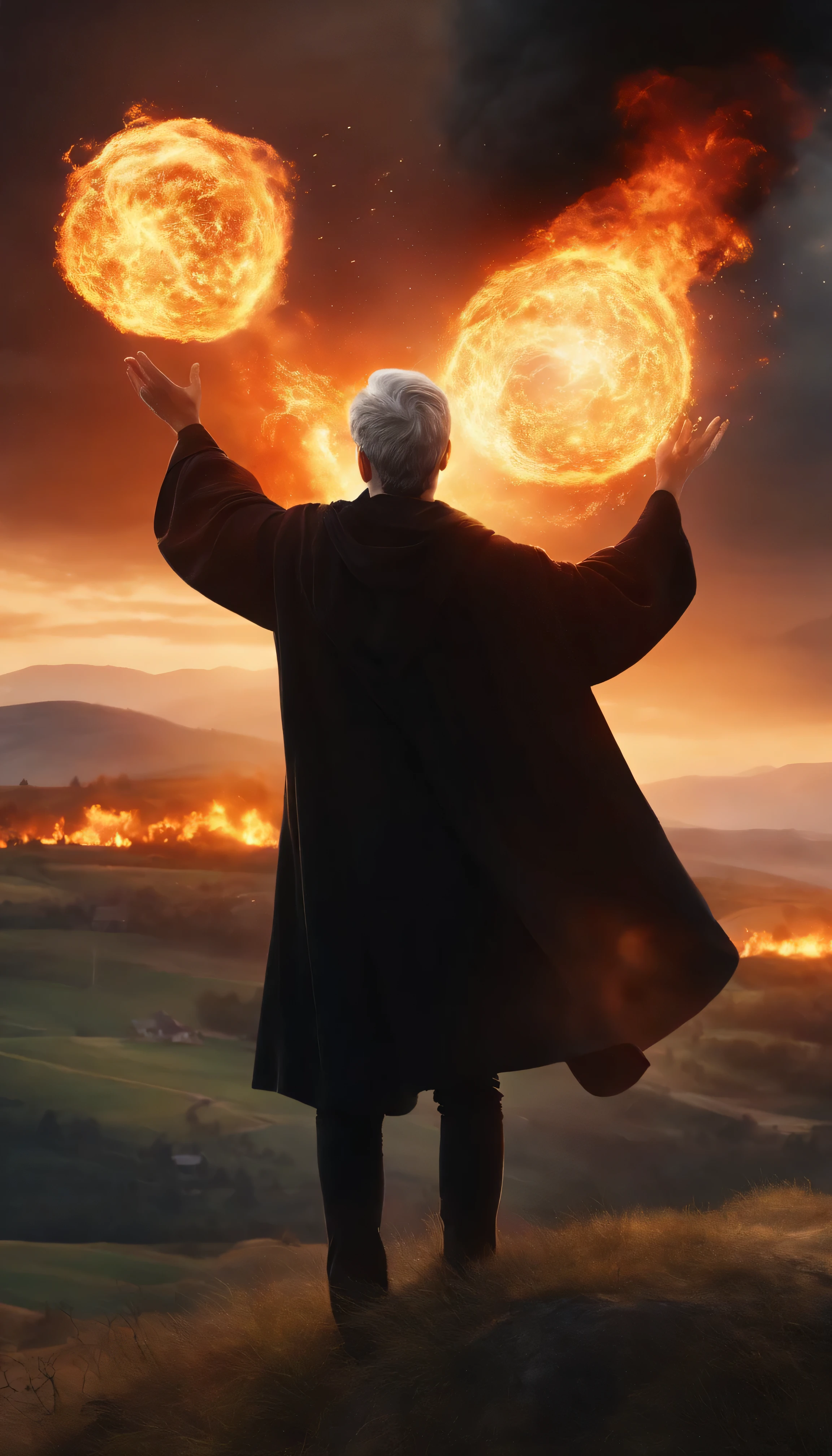 8k, close half body portrait of a male young wizard with black clothes and grey short hair from behind, hand up to the sky, throwing a super massive huge fireball to destroying a village in the distance from hill, with a burning village background the distance