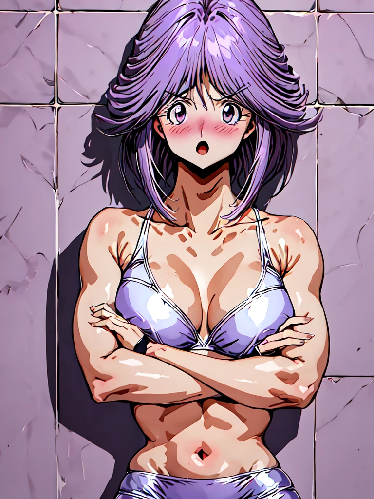 1girl, solo, breasts, blush, short hair, open mouth, bangs, cleavage, medium breasts, purple eyes, collarbone, upper body, purple hair, :o, crossed arms, spiked hair, genderswap, covering, genderswap (mtf), covering breasts, tiles, retro artstyle, 1990s (style), tile wall
