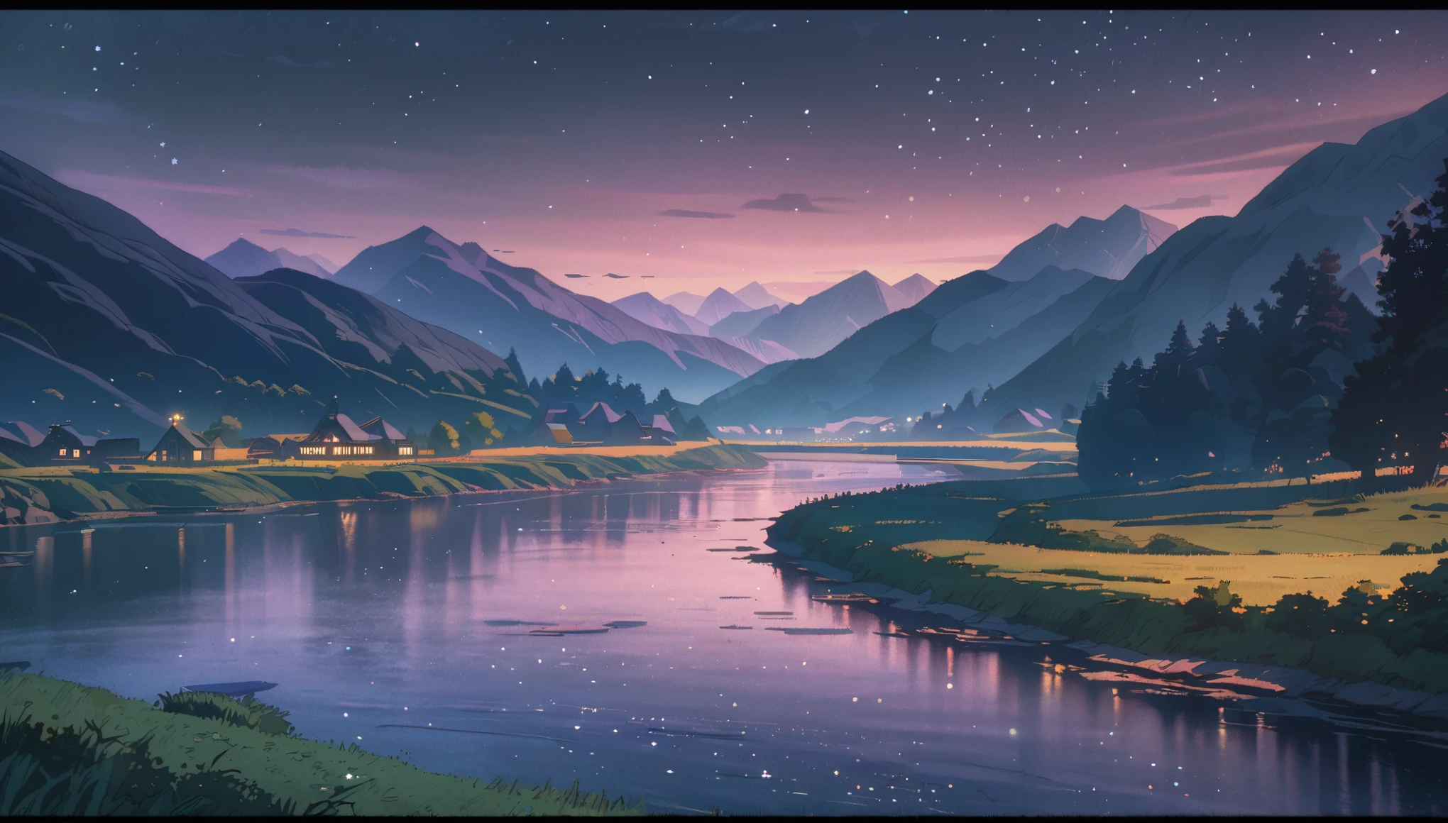 Mountain landscape, dark night, dark violet sky, midnight, stars, beautiful types, black and dark blue colors, mountain river, calm atmosphere, classic lanscape style, anime aestetic ghibly artstyle, Ghibli-like colours, wide shot, 8k, 4K, highres, best quality, super detail, masterpiece