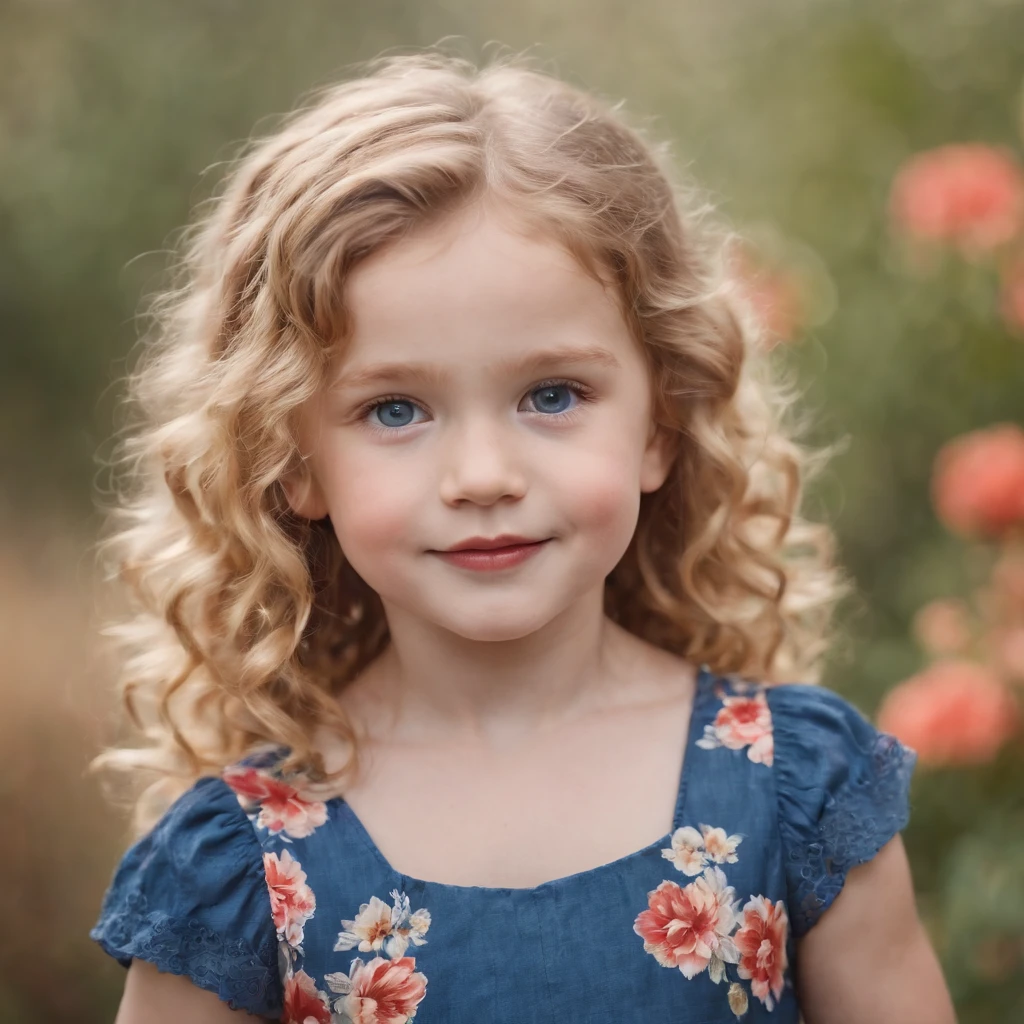 
A 4--old l with golden curly hair, fair skin, big blue eyes, a round face, small lips, dimples, a beautiful smile, wearing a red floral dress.