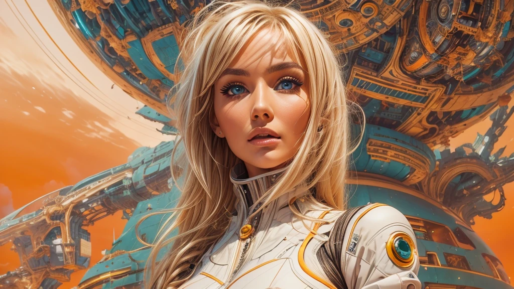 arafed image of a white woman in a futuristic suit with a spaceship in the background, movie art, in front of an orange background, inspired by Robert McGinnis, female protagonist, megastructure in the background, portrait of an ai astronaut, astronauts, an astronaut, portrait of a astronaut skeletor, perfect android girl, Highly Detailed Face and Skin Texture, Detailed Eyes, Double eyelids, perfectly detailed teeth, frank franzzeta and sakimichan
