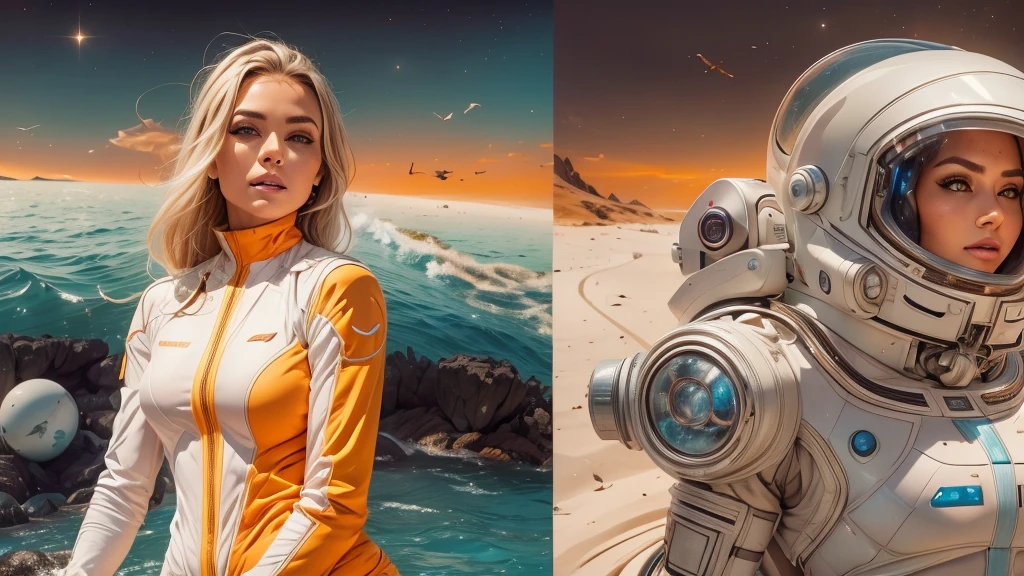 arafed image of a white woman in a futuristic suit with a spaceship in the background, movie art, in front of an orange background, inspired by Robert McGinnis, female protagonist, megastructure in the background, portrait of an ai astronaut, astronauts, an astronaut, portrait of a astronaut skeletor, perfect android girl, Highly Detailed Face and Skin Texture, Detailed Eyes, Double eyelids, perfectly detailed teeth, frank franzzeta and sakimichan  