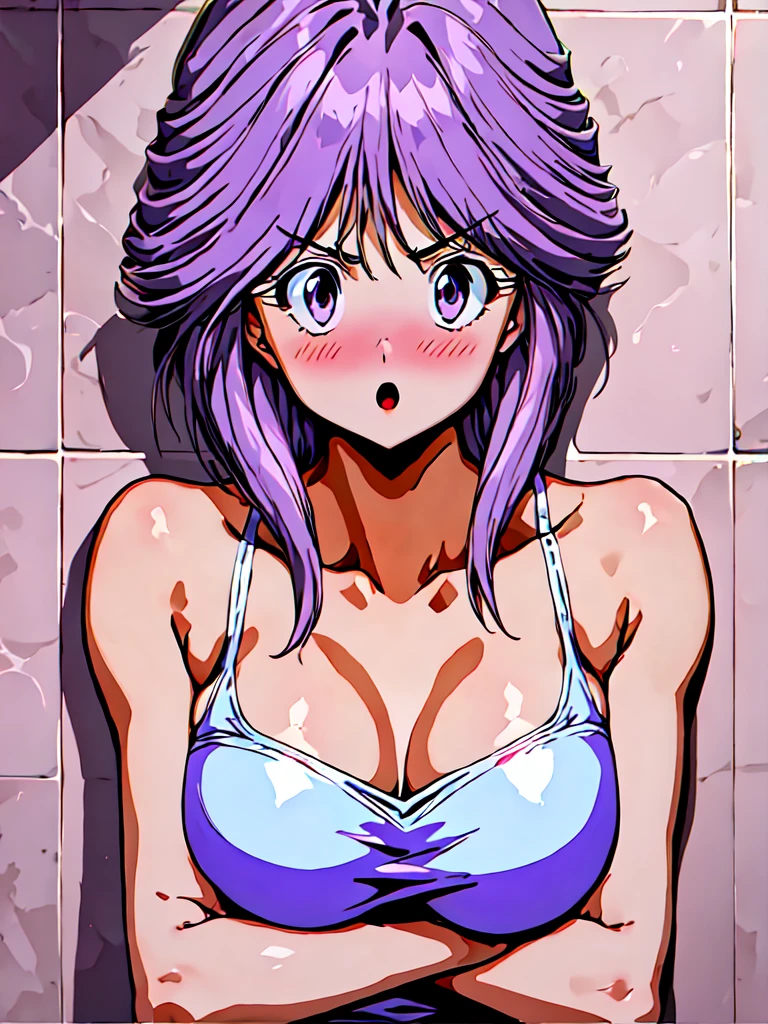1girl, solo, breasts, blush, short hair, open mouth, bangs, cleavage, medium breasts, purple eyes, collarbone, upper body, purple hair, :o, crossed arms, spiked hair, genderswap, covering, genderswap (mtf), covering breasts, tiles, retro artstyle, 1990s (style), tile wall