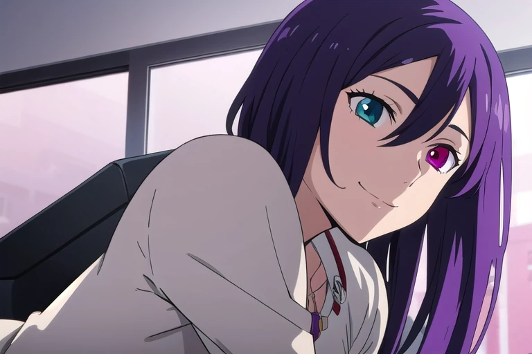 male, purple hair, parted bangs, heterochromia, seductive smile, alone