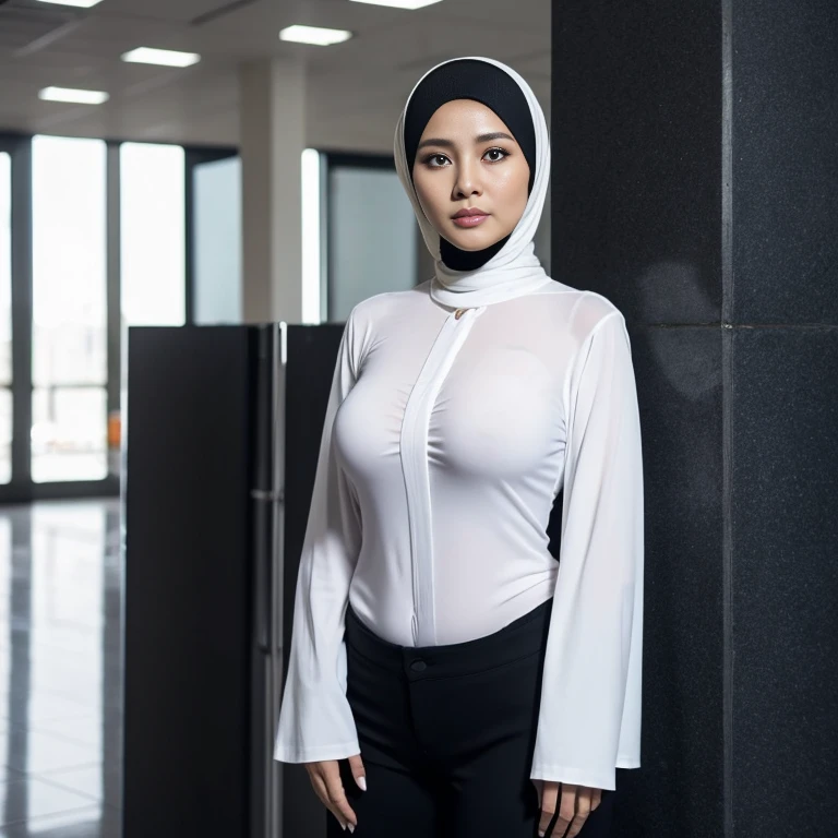 54 years Old, Hijab Indonesian mature woman, with long black hijab. Ulta-Gigantic , Tight white shirt, black long pants, Slim body, Breast about To burst out, at government office, Dark light, at daytime, full body photo shoot.