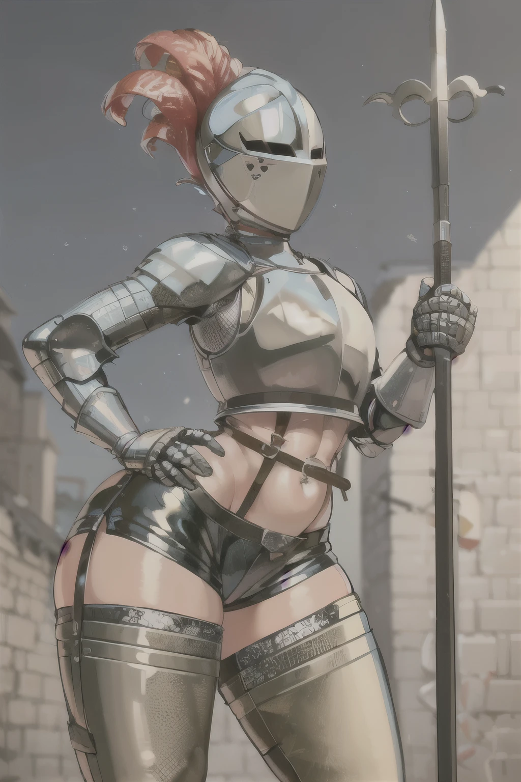 Guerreira ruiva, de costas, armadura de placas, steel breastplate, minissaia vermelha, (calcinha branca: 1.1), ((upskirt), bunda, fantasia medieval, D&d,  RPG,  melhor qualidade,  obra-prima, 8k