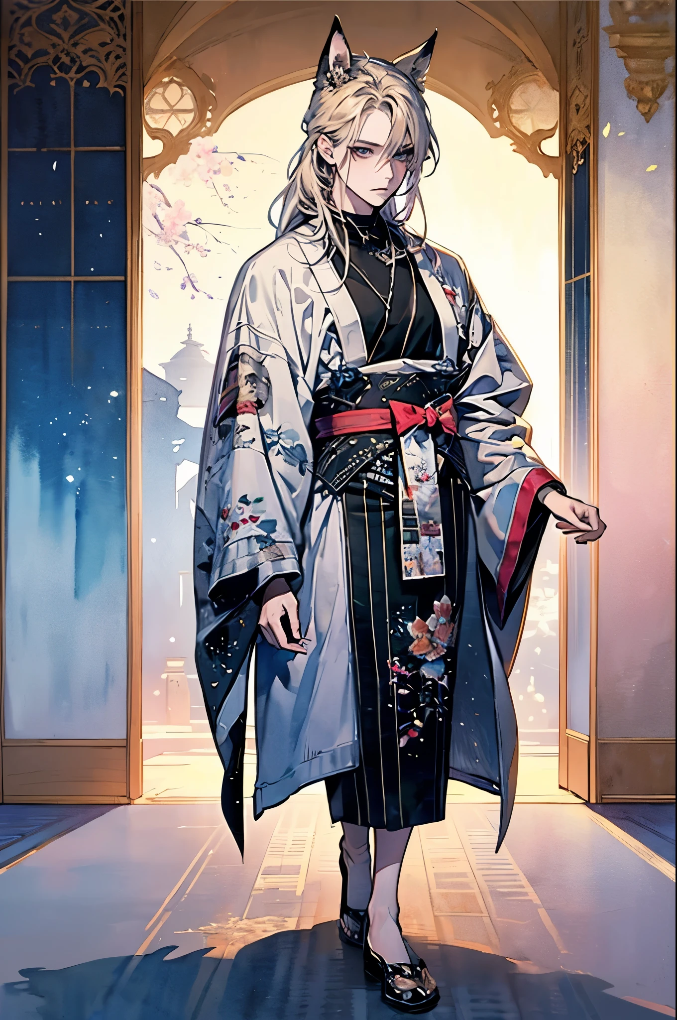 Looking at this、Front view、Standing posture、whole body、Toes、full body,toe,(masterpiece:1.2, highest quality), (Beautiful Eyes: 1.2), ((1人のmale))、male, ((alone)), ( Beautiful and vivid background: 1.2), (Very detailedなCG, Very detailed, Best Shadow: 1.1), ((Depth of written boundary)), ((watercolor)), (kimono: 1.3), Beautiful concept art, male性、handsome、Silver Hair、Shoulder-length hair、Fox Ears、Fox's Tail、Wearing headphones、A kind face、kimono姿、Wearing a robe, (Very delicate: 1.1), (Perfect detail: 1.1)、 white background,((4K Workasterpiece、(highest quality)、((high resolution))、((maleらしい少年))、((Attractive and sexy jeans fashion))、((Men's Fashion))、(細部までBeautiful Eyes)、((short hair above the earakes your face smaller))、((Neutral face))、((Silver Hair))、((Brown eyes))、((Korean Boy))、((18-year-old))、((Handsome))、((Korean Makeup))、((elongated and sharp eyes))、((Like a celebrity))、Everyday photography、((alone撃たれる))、((Model Photo))