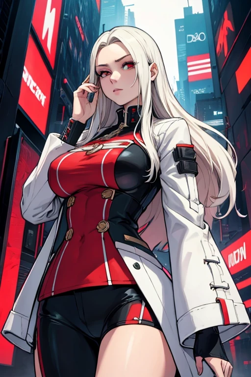 edelgard, long hair, white and red modern clothes, cyberpunk, big breasts