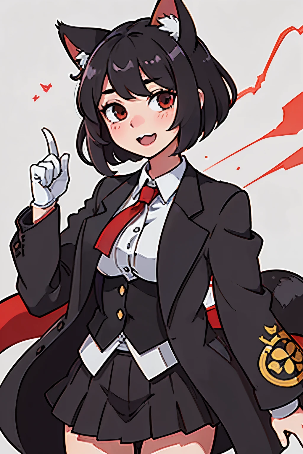 best quality, masterpiece, highres, solo, {black business suit:1.40}, {tie:1.20}, {sunglasses:1.25}, {white gloves:1.15}, {white shirt:1.10}, {black skirt:1.15}, {smoking:1.20}, handsome, {yamashiro_azurlane:1.15}, animal_ears, cat_ears, black_hair, short_hair, red_eyes, animal_ear_fluff, bangs, open_mouth, blush, fang, smile,
