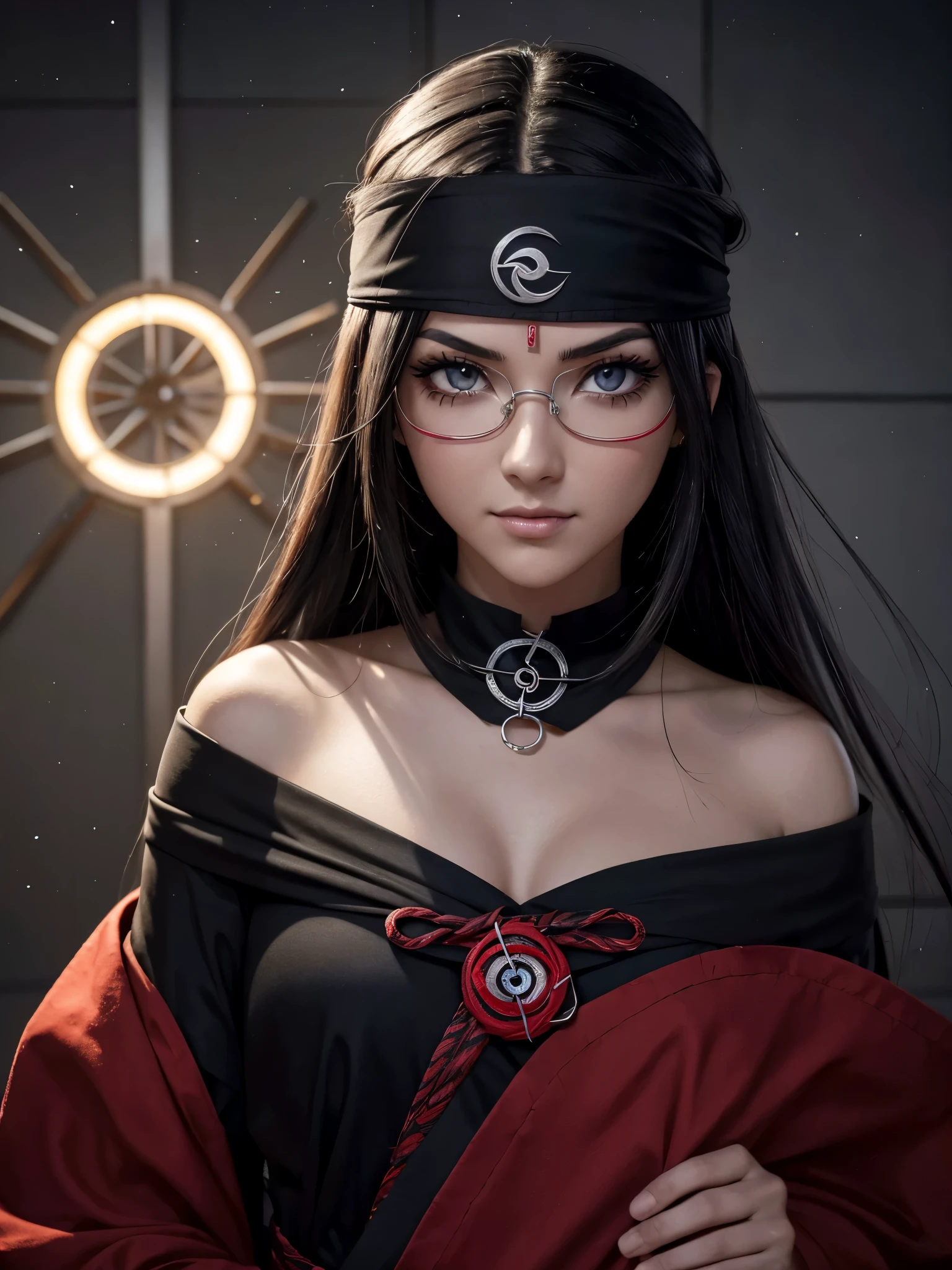 Uchiha Sarada, Naruto Shippuden, quimono vermelho de mangas talares, ((bandana na testa)), ((oculos de grau)), obra de arte, sozinha, corpo todo (melhor qualidade, perfect detalheed, beautifully detalheed face, detalheed eyes), brilhante brilhante, rastreamento de raio, dof, HDR, olhos gradientes, ((Sharingan nos olhos)), sharp eyelash, ((eyelash)), mascara ninja, detalhe_face, eyelash, cabelo brilhante, flertando, (sorriso sexy), (seios grandes e perfeitos), parted lips, melhor qualidade, (highly detalheed background: 1.2), extremamente bonito, imensamente lindo, extraorinally belo, realista, obra de arte, melhor qualidade, maximum quality, Gothic lighting, gloomy appearance, corpo perfeito, extremamente sexy, ((imensamente sedutor)), macabre scenery, lua de sangue gigante ao fundo