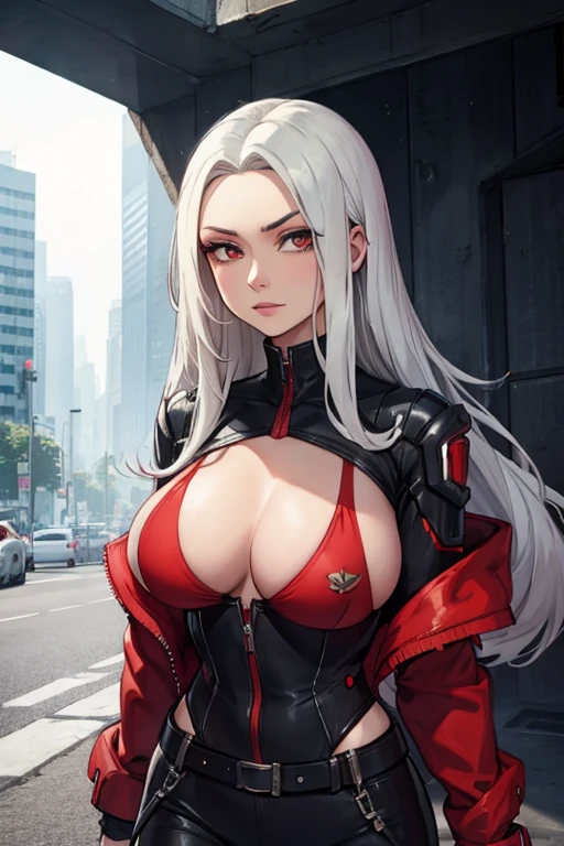 edelgard, long hair, black and red modern clothes, cyberpunk, big breasts