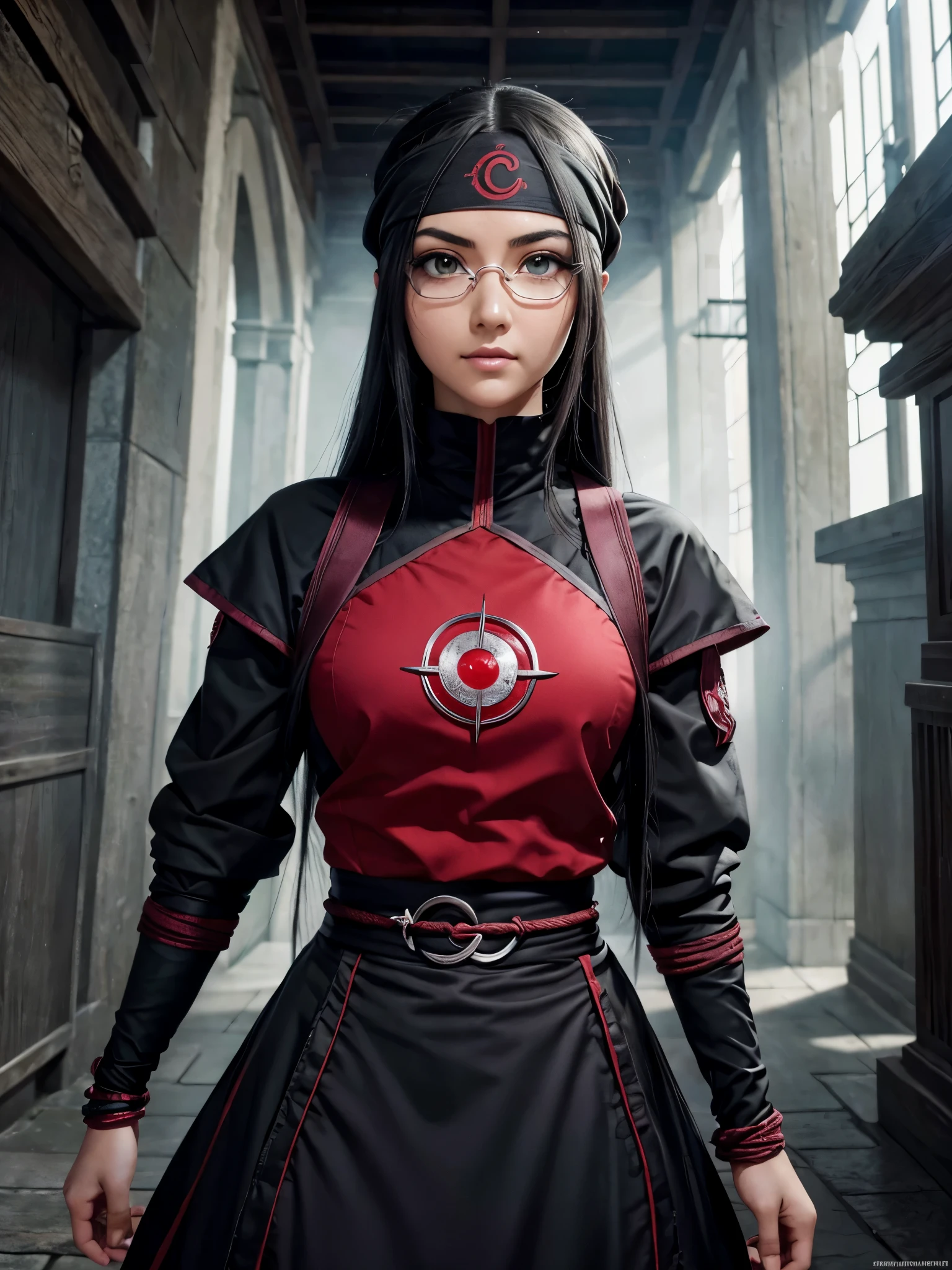 Uchiha Sarada, Naruto Shippuden, quimono vermelho de mangas talares, ((bandana na testa)), ((oculos de grau)), obra de arte, sozinha, corpo todo (melhor qualidade, perfect detalheed, beautifully detalheed face, detalheed eyes), brilhante brilhante, rastreamento de raio, dof, HDR, olhos gradientes, ((Sharingan nos olhos)), sharp eyelash, ((eyelash)), mascara ninja, detalhe_face, eyelash, cabelo brilhante, flertando, (sorriso sexy), (seios grandes e perfeitos), parted lips, melhor qualidade, (highly detalheed background: 1.2), extremamente bonito, imensamente lindo, extraorinally belo, realista, obra de arte, melhor qualidade, maximum quality, Gothic lighting, gloomy appearance, corpo perfeito, extremamente sexy, ((imensamente sedutor)), macabre scenery, lua de sangue gigante ao fundo