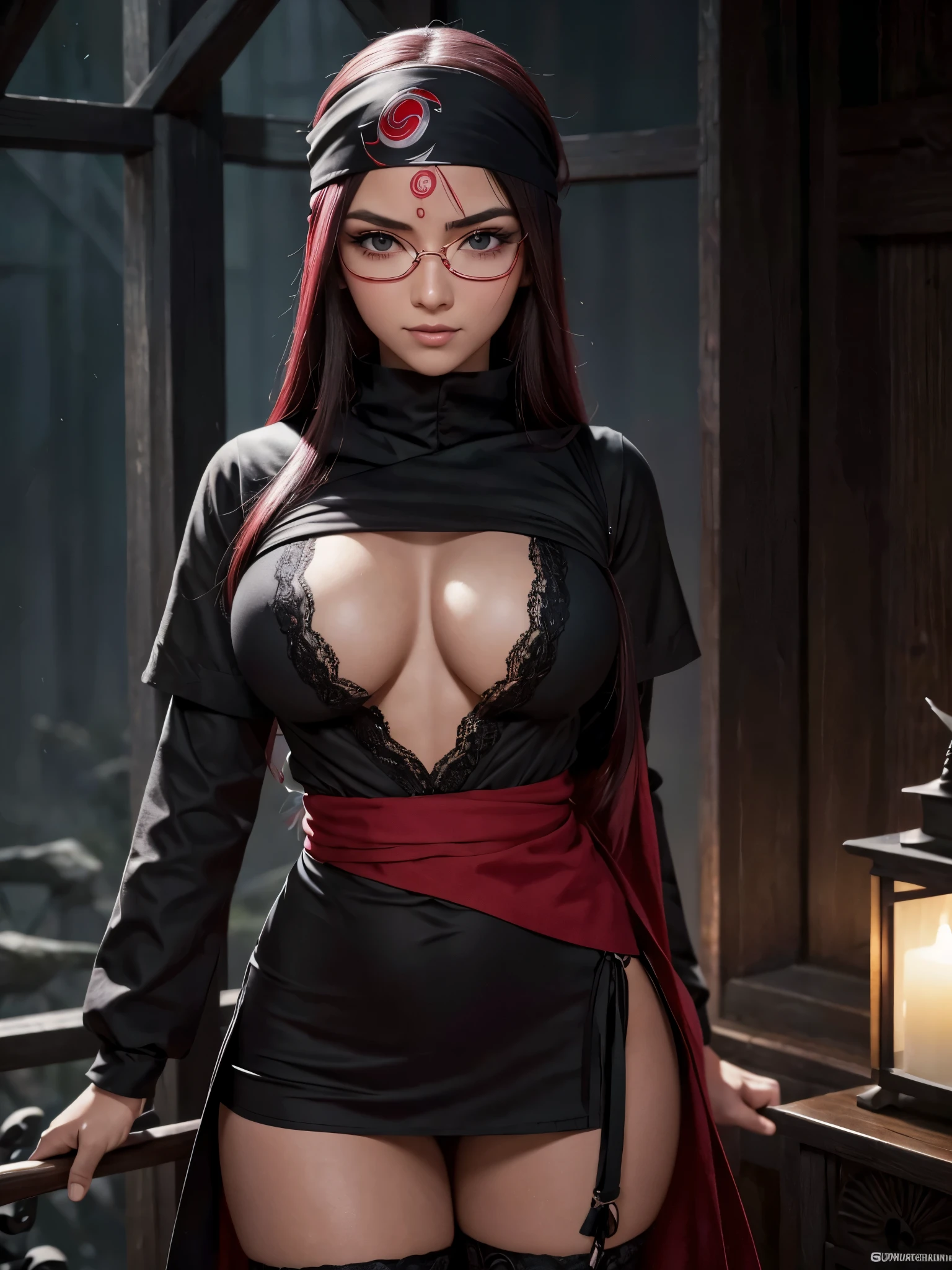 Uchiha Sarada, Naruto Shippuden, quimono vermelho de mangas talares, ((bandana na testa)), ((oculos de grau)), obra de arte, sozinha, corpo todo (melhor qualidade, perfect detalheed, beautifully detalheed face, detalheed eyes), brilhante brilhante, rastreamento de raio, dof, HDR, olhos gradientes, ((Sharingan nos olhos)), sharp eyelash, ((eyelash)), mascara ninja, detalhe_face, eyelash, cabelo brilhante, flertando, (sorriso sexy), (seios grandes e perfeitos), parted lips, melhor qualidade, (highly detalheed background: 1.2), extremamente bonito, imensamente lindo, extraorinally belo, realista, obra de arte, melhor qualidade, maximum quality, Gothic lighting, gloomy appearance, corpo perfeito, extremamente sexy, ((imensamente sedutor)), macabre scenery, lua de sangue gigante ao fundo