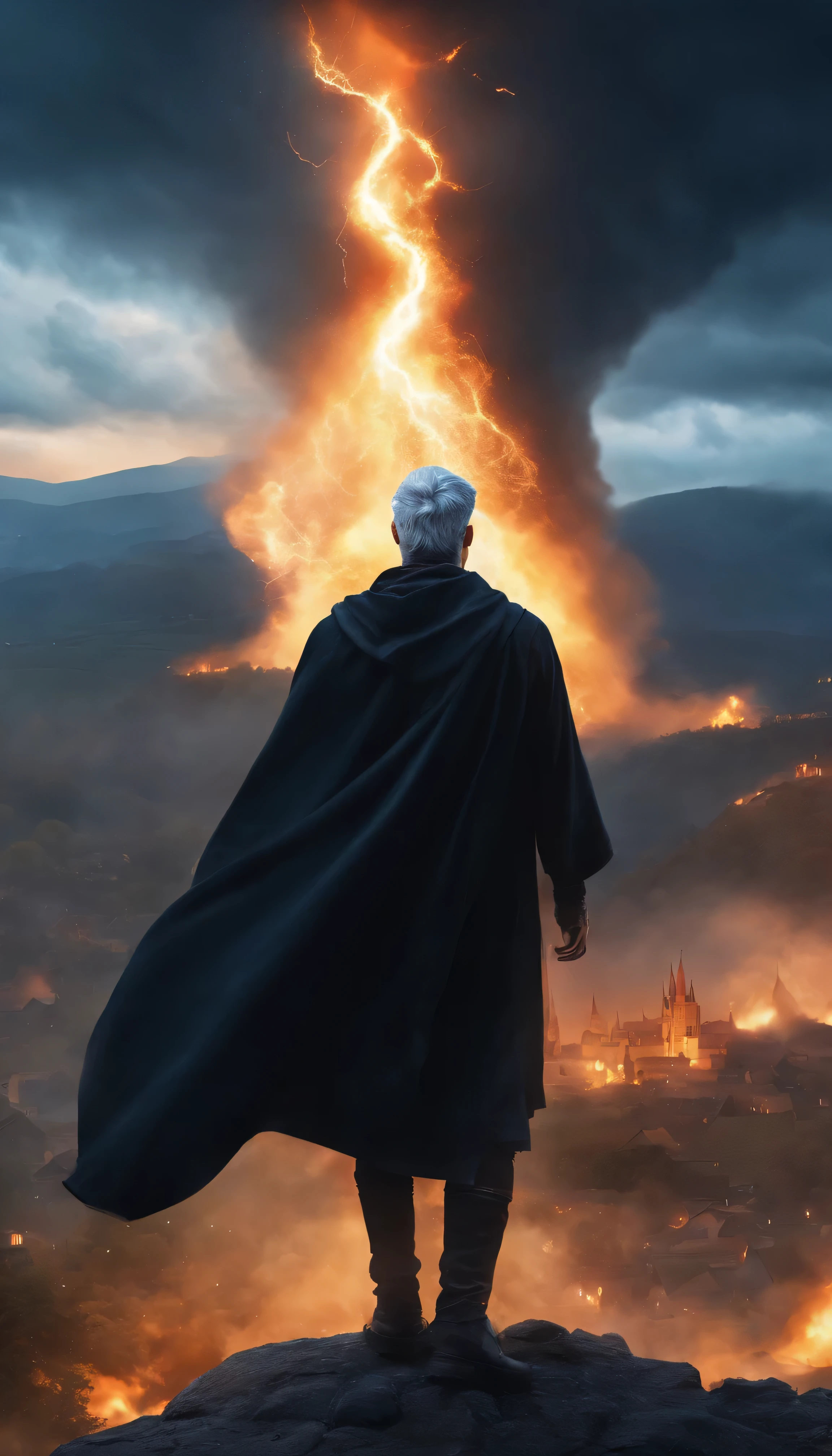 8k, close half body portrait of a male young wizard with black clothes and grey short hair from behind, hand up to the sky, throwing a massive blue thunder from the sky to destroying a village in the distance from hill, with a burning village background the distance