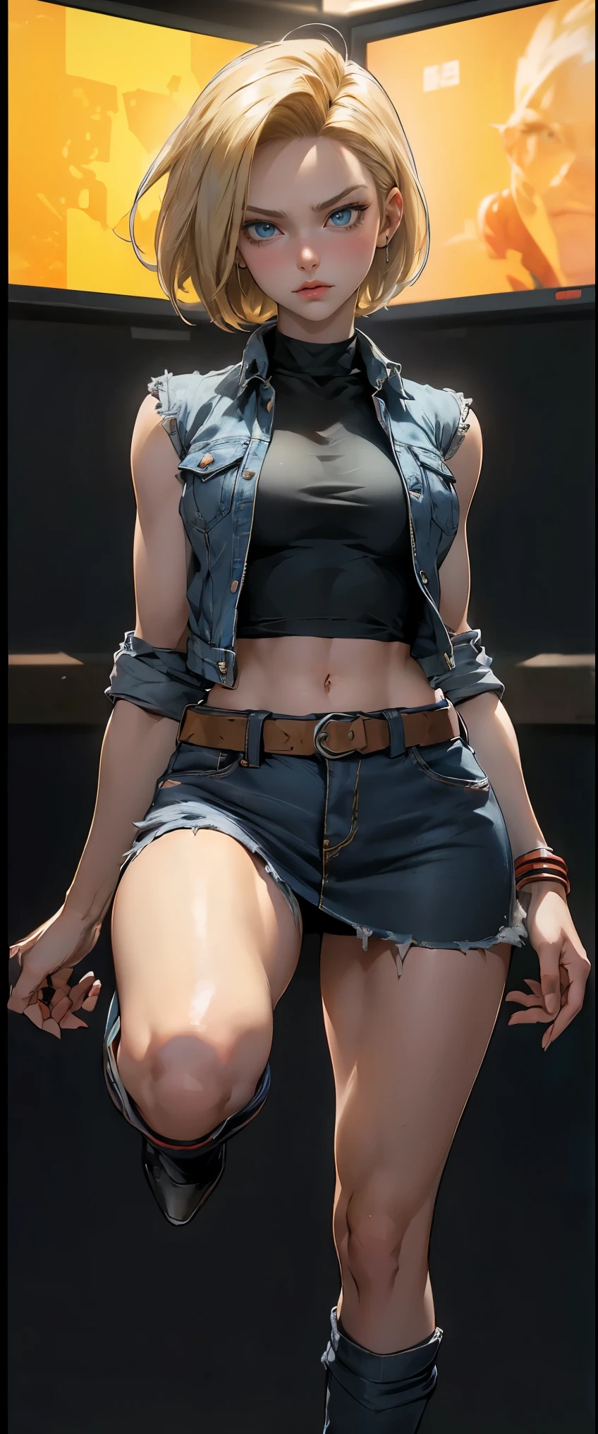 full body, ((masterpiece, highest quality, Highest image quality, High resolution, photorealistic, Raw photo, 8K)), Woman with blonde short hair and black top, denim mini skirt, android 18, anime girl, (She is wearing a short skirt, a long-sleeved shirt, and a Slim Denim Vest), (very detailed figure), saiyan girl, beautiful portrait of android 18, casual pose, badass pose, Detailed skin, blue eyes, thighs visible, In Dynamic Pose, grim face, stand with one's legs spread apart, ((The screen says "Android 18" in large letters)),