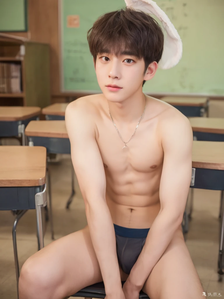 Photorealsitic, 8K full body portrait, a handsome, 18-year-old man, A charming expression, detailed face details, short hair with bangs
, topless, sexy, Brief underwear, wearing bunny ears, TOKYOcty, Winters, in classroom, school,