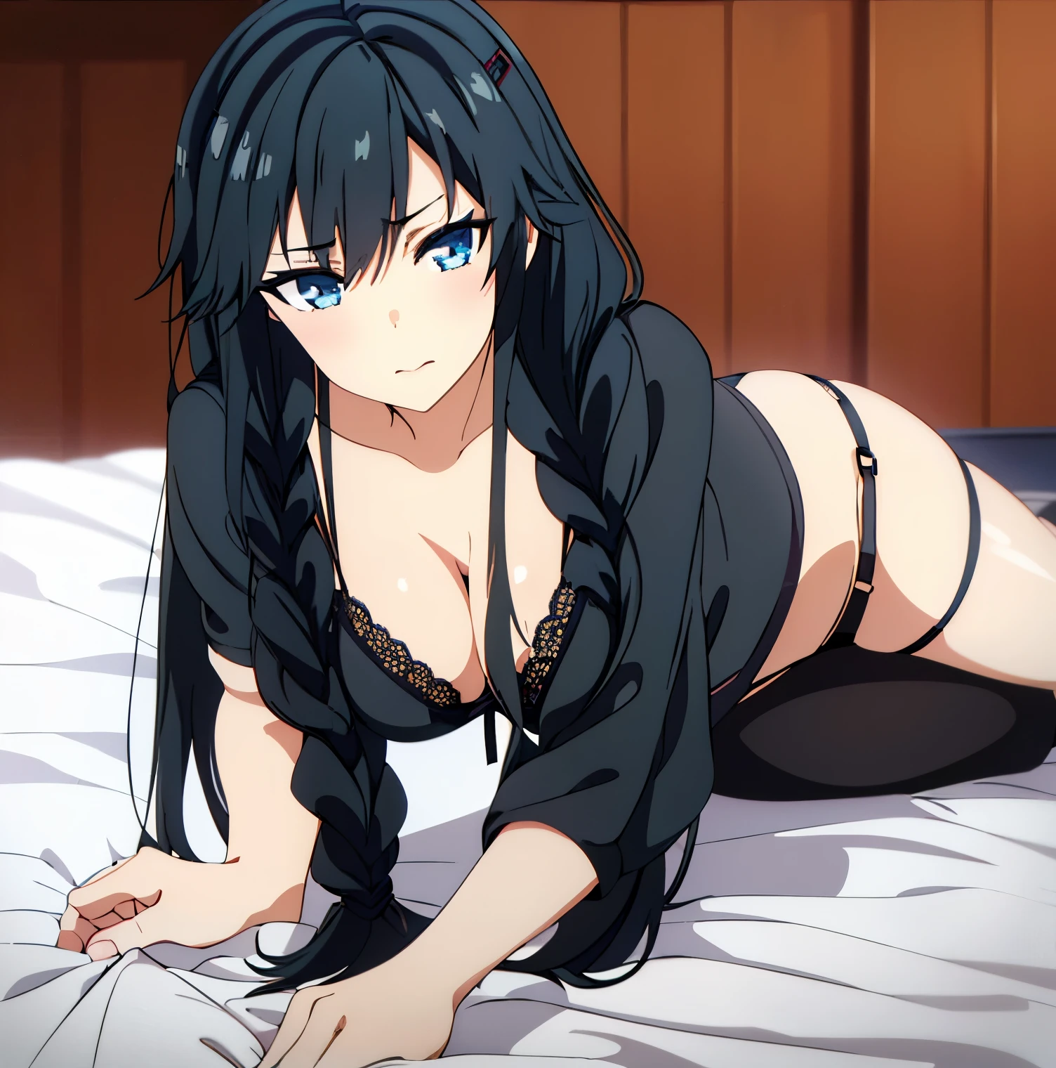 1 girl, alone, sanshokuin sumireko, masterpiece, best quality, black hair, blue eyes, very long hair, black lingerie, black bra with lace, black thong with lace, black pantyhose, big breasts, medium waist, wide hips, thighs medium,round butt,from behind,atmospheric perspective,depth of field,looking at viewer,beautiful detailed eyes,anime eyes: 1.4,(portrait),sexy pose,dynamic angle,(indoor,night,dark,bedroom,bed) , (lying on the bed,:1.5, facing the viewer, pov (from below, legs open, embarrassed, seductive, perfect hands, perfect anatomy,