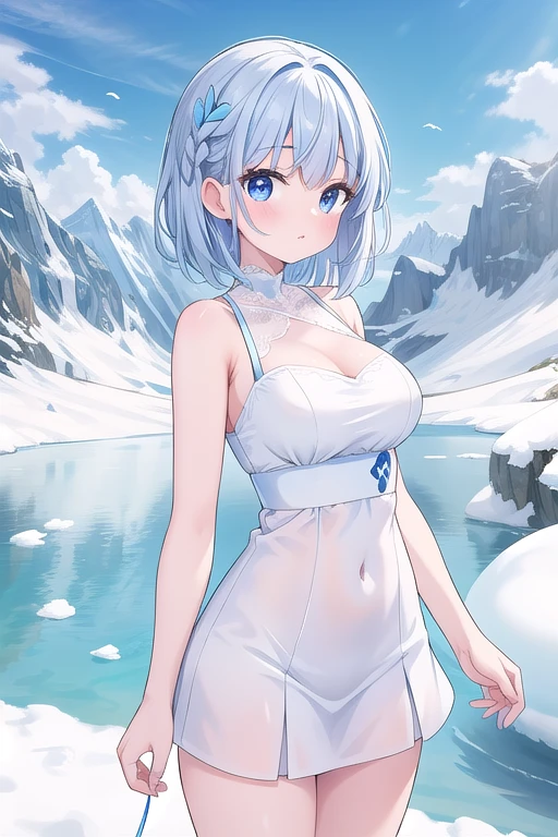 Une femme, 25 ans, cheveux longs, cheveux bleus, yeux bleus, details, dans la montagne, snowy mountain, glacier, armure de glace, aura blanche autour d'elle