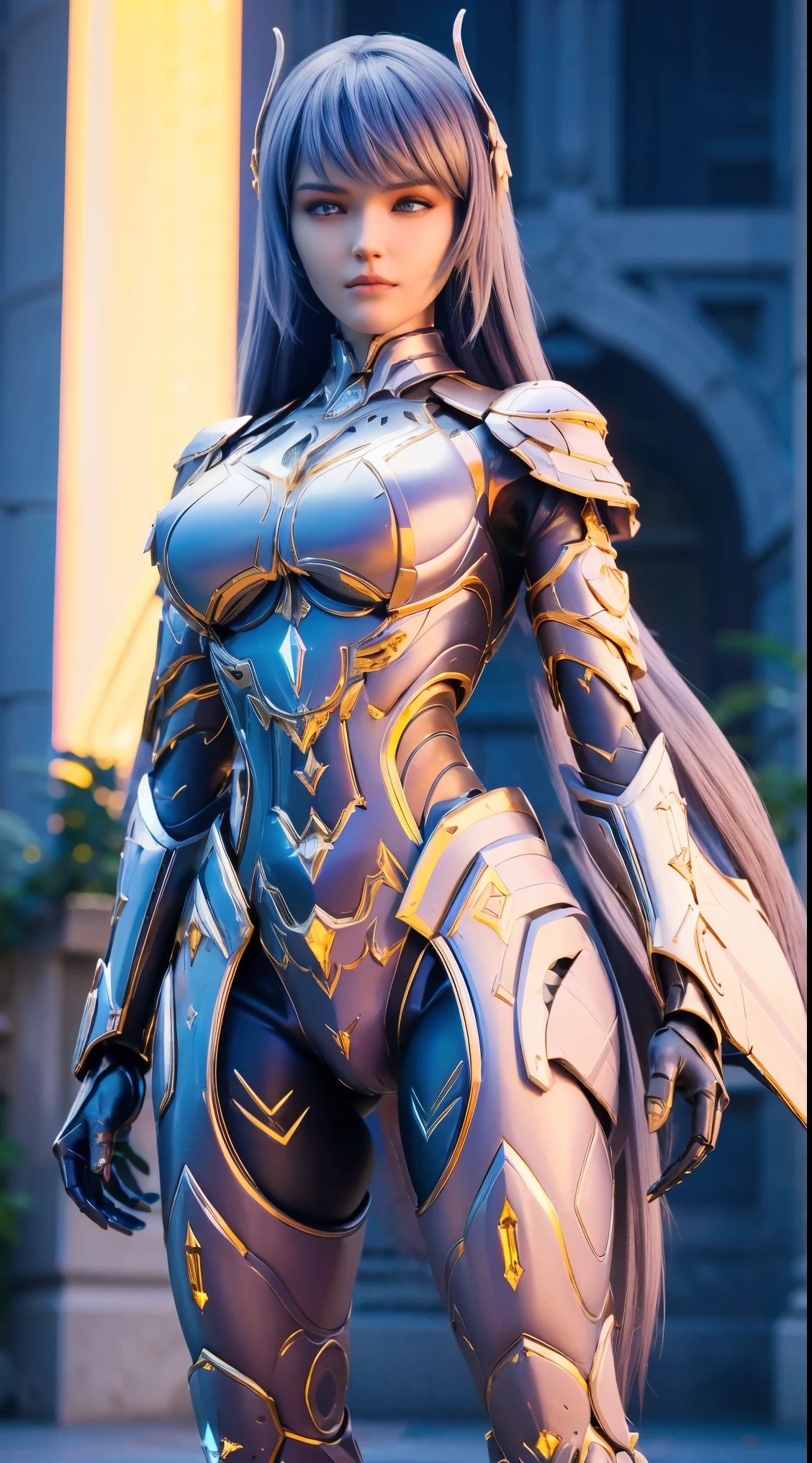 uma mulher, rosto lindo, enorme , RGB, branco, Ouro, roxo, TERNO COMPLETO ARMADURA MECHA, (decote grande), TRANSPARANT, PERNAS ALTAS, standing, corpo sexy, Muscular abdomen.
