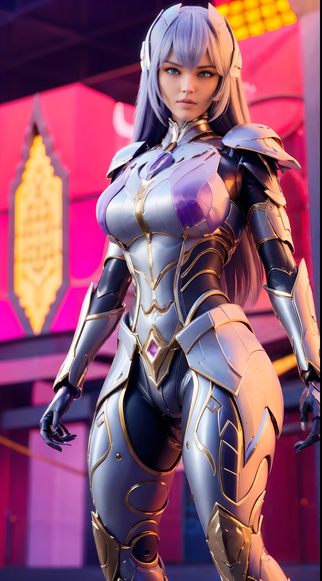 uma mulher, rosto lindo, enorme , RGB, branco, Ouro, roxo, TERNO COMPLETO ARMADURA MECHA, (decote grande), TRANSPARANT, PERNAS ALTAS, standing, corpo sexy, Muscular abdomen.