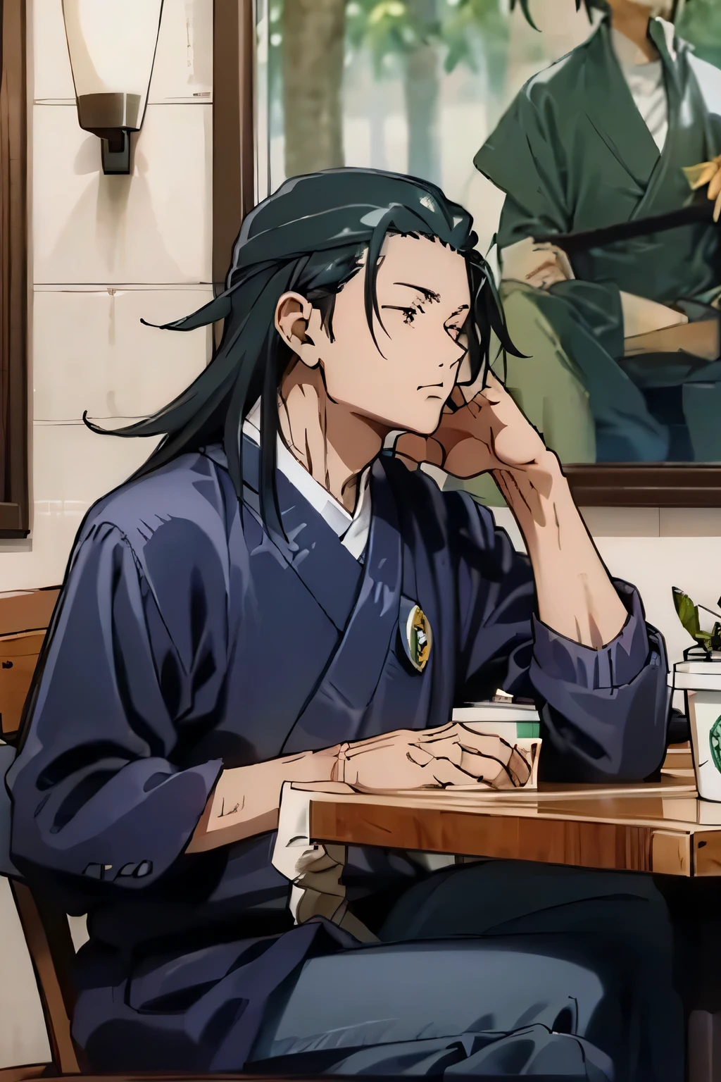 Suguru Geto sitting with you in a Starbucks drinking Coffee