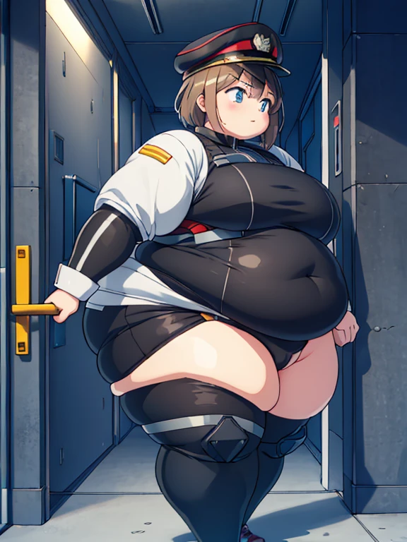 Massively obese captain soldier girl, fat rolls, short hair, (obese belly):1.3, (obese thighs):1.5, (bodysuit):1.3, obese belly, wide hips, tactical vest, skirt, huge ass, (captain hat):1.3 extremely fat, BREAK facility, sheet metal, dark hallways, factory, industrial