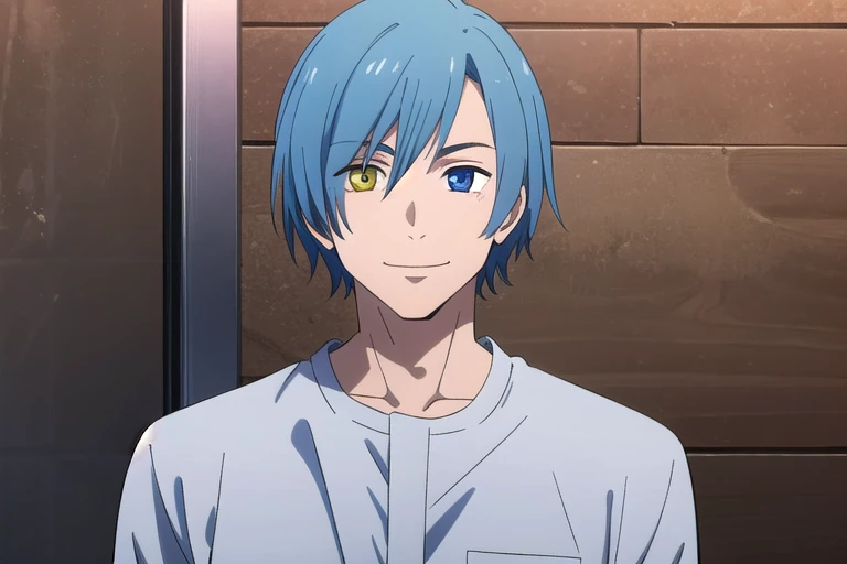 male, blue hair, heterochromia, smile, alone, olhos brilhantes