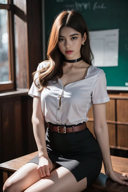 (Masterpiece, best quality, alone, รายละเอียดที่complicated, Chromatic aberration), realistic, ((Moderate breath)), hair in one eye,purple eyes, earring, sharp eyes, choker,diamond pendant, (symmetrical eyes),(Perfect symmetrical body),Photo of a beautiful 20 year old girl,(fit the body), Beautiful and charming with contemporary fashion paintings as well....., looking at the audience, ((in the classroom background)), (1 Girl),(black short skirt), (white short sleeve, Form fitting shirt., Unbuttoning 2 buttons, Revealing a little breast..), ((A short black pencil skirt with a deep slit on the side...)), sugar belt, ((Put your hands down.)),golden blonde hair, Bob, long hair, Side flatness,round chin, Art lens 85mm, Sharp focus, High resolution 8K, Crazy details, complicated, elegant,sitting on the study table Lift one leg to eye level.., The legs are slightly apart..,dynamic gesture, Sitting on a reading table in a luxury hotel room Turn your head with your legs open at eye level. Open your legs and lift your right leg over your left leg, releasing it naturally to eye level., แยกขาออกเล็กน้อย dynamic gesture,polish,Engineer boots,muscular legs,Beautiful muscles