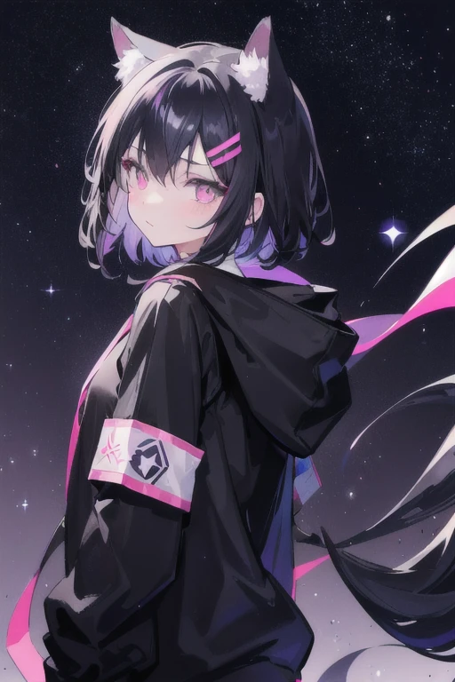 One boy。Black Hair、Iris、Black cat ears、Black hoodie。Pink Line。Beautiful starry sky。Look back and see