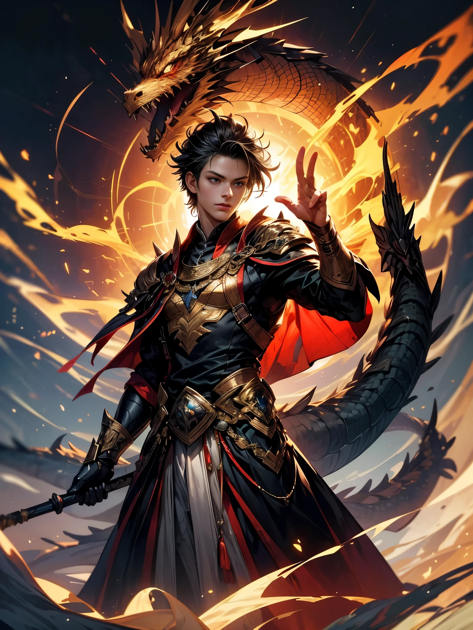 Envision a scene where a young boy stands confidently beside a majestic dragon. The boy exudes an aura of magic, with his hands poised in a spellcasting gesture. His clothing reflects a blend of mystical robes and contemporary elements, indicating a fusion of magic and modernity. The dragon, towering and regal, is adorned with shimmering scales, and its eyes gleam with intelligence. Between the boy and the dragon, there's an undeniable connection, as if they share a bond forged through the threads of magic itself. ((Sharp image, high resolution, super detailed image, High quality image, 8k ultra detailed image))