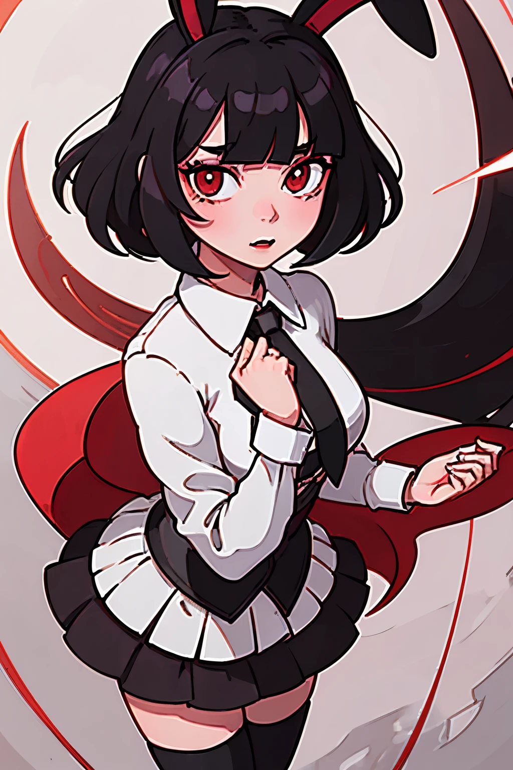 anime girl, tall, short black hair, Bangs are heavy, bunny ears, vampire, red eyes, ((best quality)), ((highly detailed)), masterpiece, absurdres, (detailed eyes, deep eyes), (1girl), cape, Outside at night when the moon shines, dress, frills, The sleeves are wide at the hem, long sleeve shirt, black tie, Stockings, boots