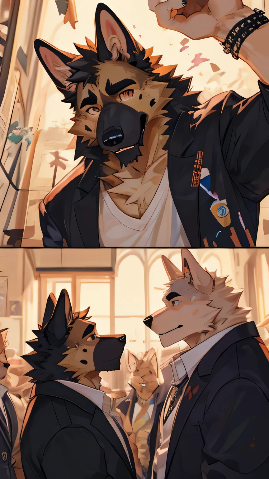 masterpiece，high quality，Perfect anatomical structure，hairy，Anthropomorphic dogs，German Shepherd，male， Rainbow 5，The shirt lifted,bite shirt,shirt hanging on mouth，Brown pupils，Bright Eyes，scars in the face，Delicate face，By Qingshan，Close-up face