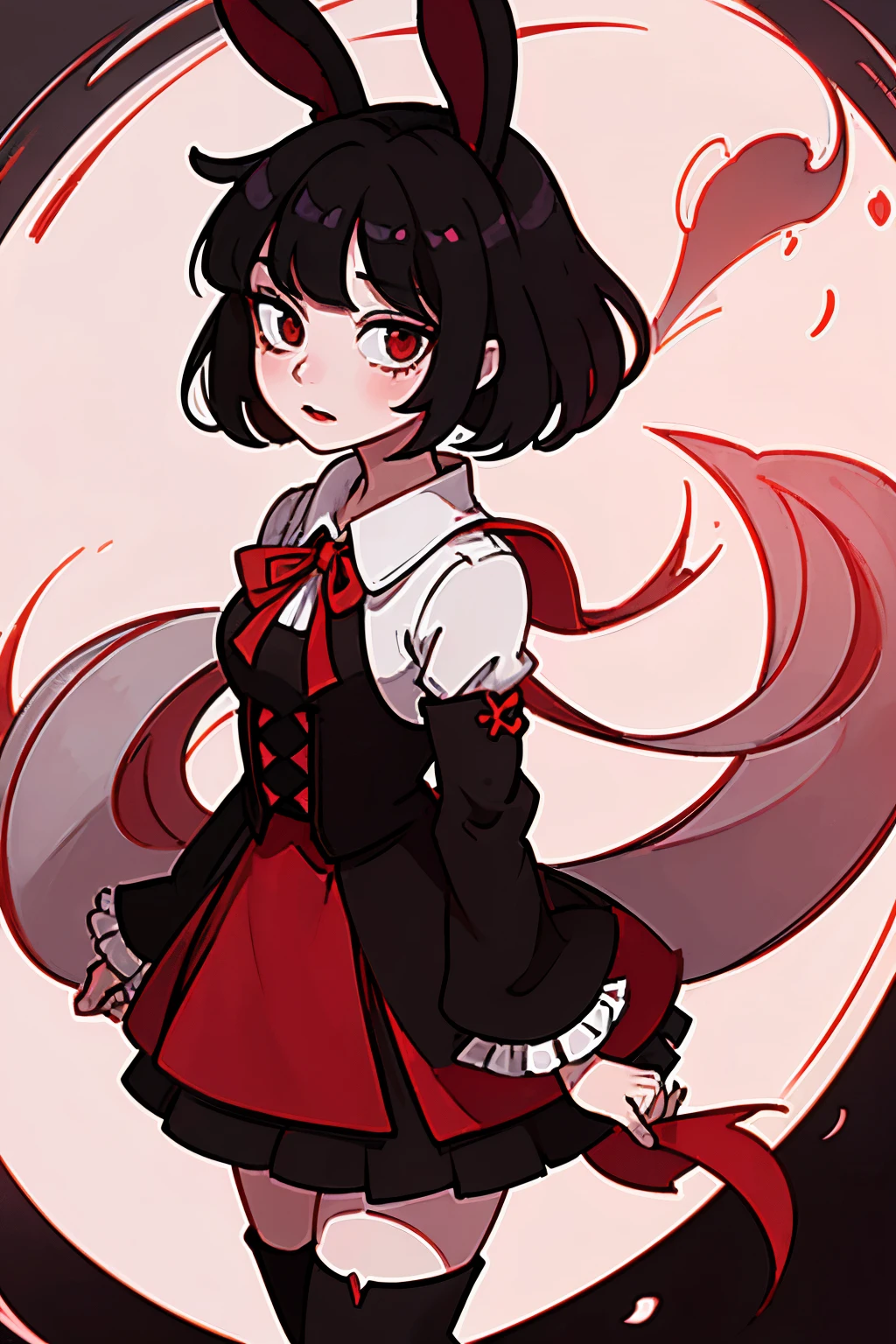 anime girl, tall, short black hair, Bangs are heavy, bunny ears, vampire, red eyes, ((best quality)), ((highly detailed)), masterpiece, absurdres, (detailed eyes, deep eyes), (1girl), cape, Outside at night when the moon shines, dress, frills, The sleeves are wide at the hem, long sleeve shirt, black tie, Stockings, boots