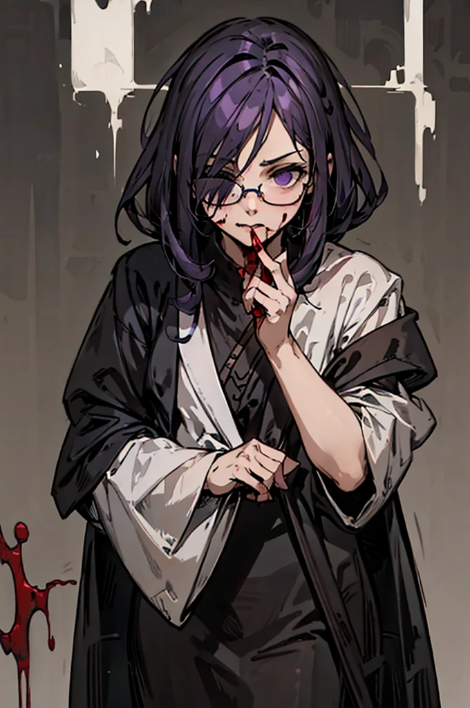 Scientist woman, Glasses covering the eyes, Bloody, strict, Black background, Impressive lighting, Blood, Horror, Broken glasses, Dull grey-purple hair, bust, white, Opaque glasses, Background figure
