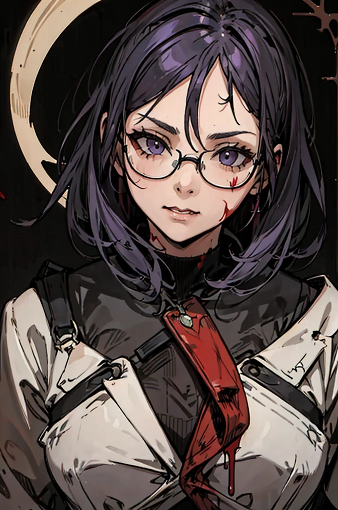 Scientist woman, Glasses covering the eyes, Bloody, strict, Black background, Impressive lighting, Blood, Horror, Broken glasses, Dull grey-purple hair, bust, white, Opaque glasses, Background figure