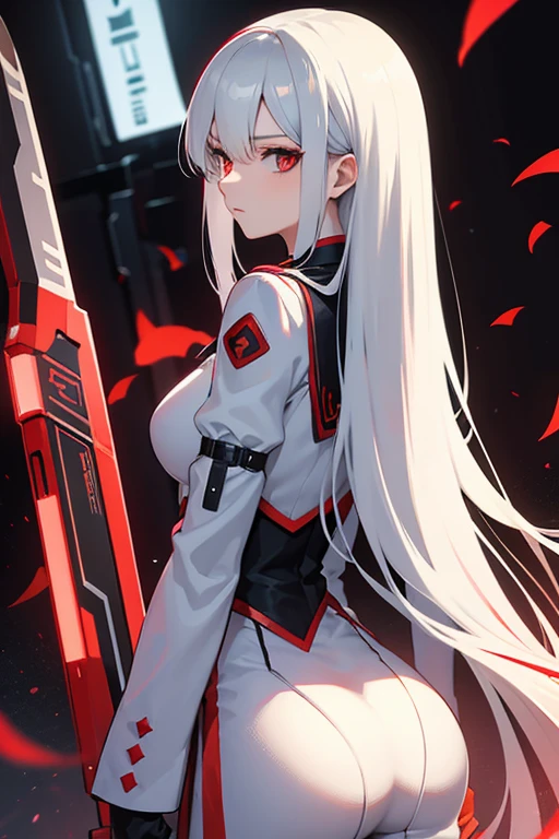 edelgard, long hair, white and red modern clothes, cyberpunk, big ass, axe on back