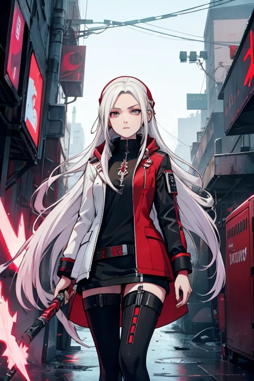 edelgard, long hair, white and red modern clothes, cyberpunk, axe on back