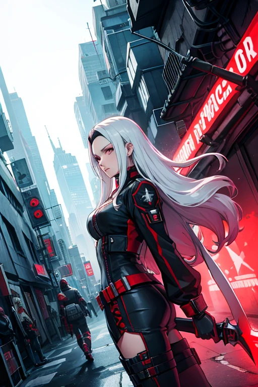 edelgard, long hair, white and red modern clothes, cyberpunk, axe on back