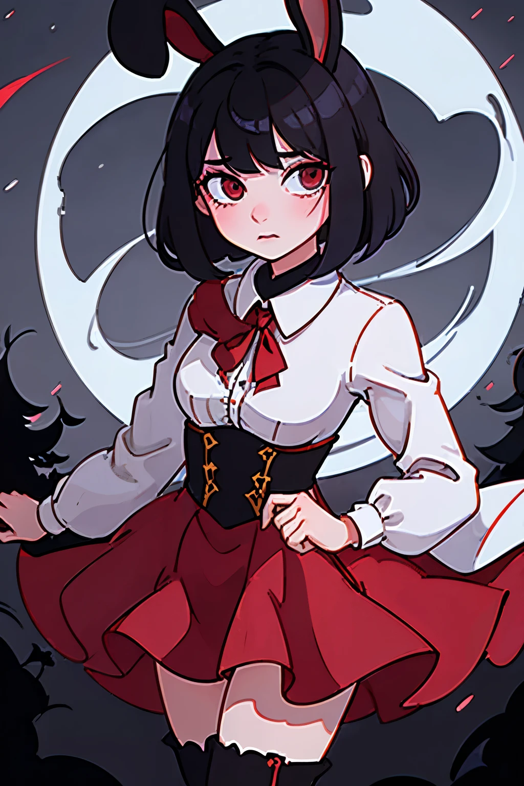 anime girl, tall, short black hair, Bangs are heavy, bunny ears, vampire, red eyes, ((best quality)), ((highly detailed)), masterpiece, absurdres, (detailed eyes, deep eyes), (1girl), cape, Outside at night when the moon shines, dress, frills, The sleeves are wide at the hem, long sleeve shirt, black tie, Stockings, boots